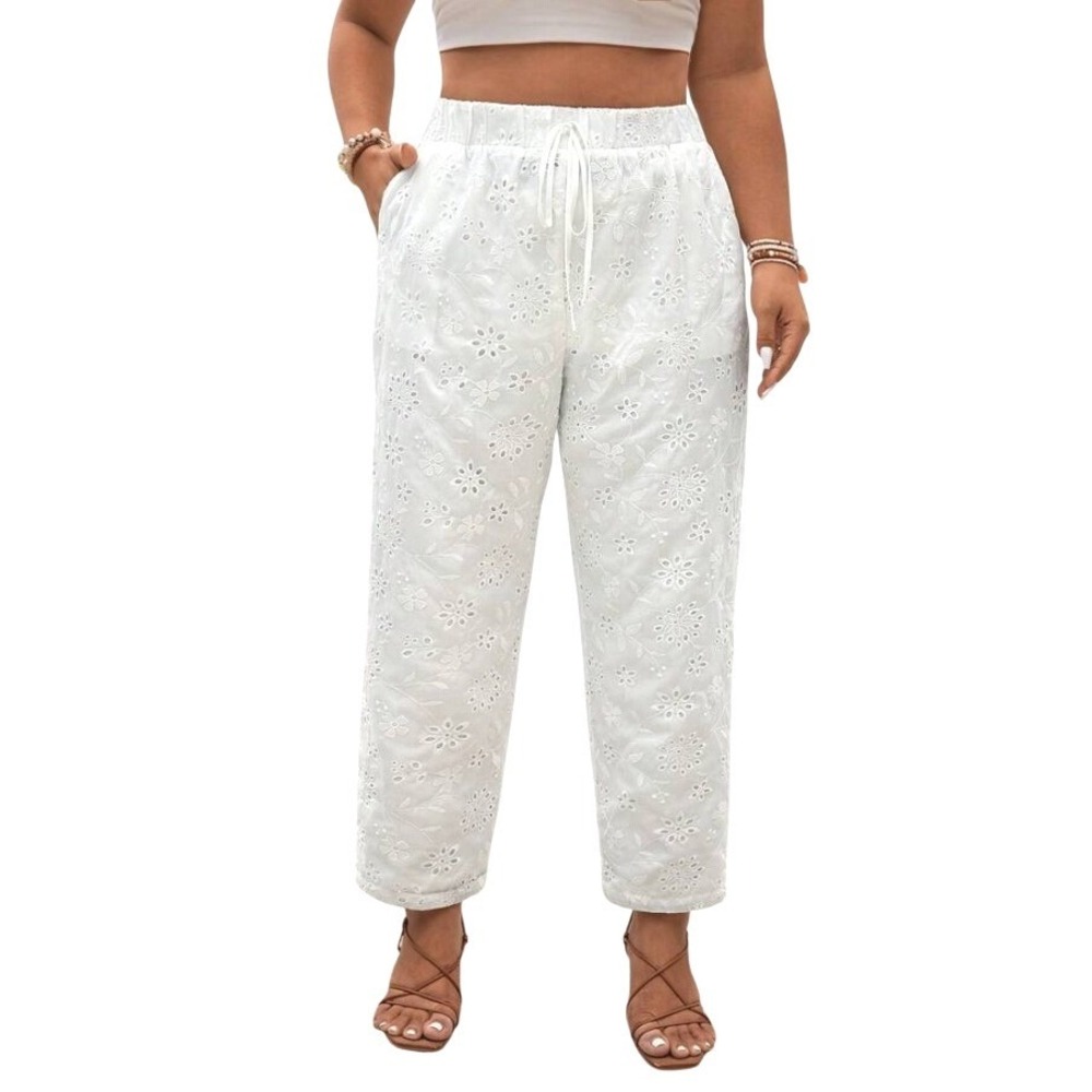 Shein Frenchy Women White Eyelet Embroidered Cottagecore Carrot Pants Small Boho